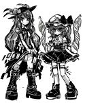  2girls ascot boots bow flandre_scarlet food fruit hat highres hinanawi_tenshi long_hair looking_at_viewer monochrome multiple_girls peach ribbon short_hair side_ponytail simple_background skirt_hold smile touhou white_background wings yt_(wai-tei) 