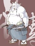  1boy animal_ears canine chubby dual_wielding garreau_favorite holding japanese_clothes kata katana kemono kemonobito kimono old_man original paintbrush sandals spell_tag sword weapon whit_hair wolf 