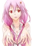  1girl bare_shoulders breasts cleavage feesh guilty_crown hair_ornament hairclip long_hair looking_at_viewer open_mouth petals pink_hair red_eyes solo twintails yuzuriha_inori 