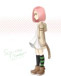  1girl 2014 artist_request asymmetrical_legwear boots character_name dated dress green_eyes hoodie kneehighs pink_hair scp-040 scp_foundation solo standing striped tagme 