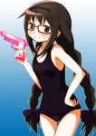  1girl akemi_homura black_hair braid glasses gun hairband handgun long_hair looking_at_viewer mahou_shoujo_madoka_magica red-framed_glasses school_swimsuit semi-rimless_glasses smile swimsuit tsubaki_(tatajd) twin_braids under-rim_glasses violet_eyes water_gun weapon 