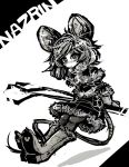  1girl alternate_costume animal_ears boots character_name dowsing_rod looking_at_viewer monochrome mouse_ears mouse_tail nazrin short_hair simple_background solo tail touhou white_background winter_clothes yt_(wai-tei) 