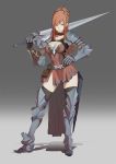  1girl armor breasts brown_eyes brown_hair cleavage long_hair original sword thigh-highs veine weapon 