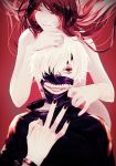  1boy 1girl black_eyes black_hair closed_eyes e_(a92157) kamishiro_rize kaneki_ken long_hair mask nail_polish short_hair tokyo_ghoul white_hair zipper 