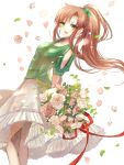  1girl aiha-deko arms_behind_back bishoujo_senshi_sailor_moon bouquet brown_hair dress flower green_eyes hair_bobbles hair_ornament kino_makoto long_hair petals pink_rose ponytail rose shirt smile solo white_background white_dress white_rose 