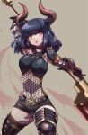  1girl belt blue_hair breasts character_request choker fishnets gauntlets horns huge_weapon large_breasts monster_hunter red_eyes short_hair shorts solo thigh-highs tokyo_(great_akuta) weapon 
