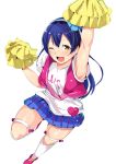  1girl alp arm_up blue_hair blush brown_eyes headband long_hair looking_at_viewer love_live!_school_idol_project one_eye_closed pom_poms skirt solo sonoda_umi vest 