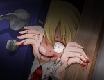 1girl blonde_hair blood blood_in_mouth blood_on_face bloody_clothes bloody_hands crazy_smile creepy door doorknob empty_eyes open_mouth ribbon rumia short_hair smile solo t.m_(aqua6233) touhou 