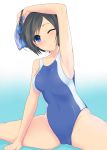  1girl absurdres armpits arms_up black_hair blue_eyes competition_swimsuit geminiboar goggles highres one-piece_swimsuit one_eye_closed original short_hair stretch swim_cap swimcap_removed swimsuit 