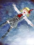  1girl :d ^_^ ascot blonde_hair blouse closed_eyes fang in_water lying_on_water open_mouth outstretched_arms qbthgry rumia short_hair skirt smile spread_arms thigh-highs touhou vest water zettai_ryouiki 