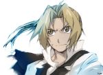  1boy ahoge angry blonde_hair conqueror_of_shambala edward_elric frown fullmetal_alchemist long_hair older ponytail simple_background solo white_background yellow_eyes 