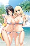  2girls atago_(kantai_collection) bikini black_hair blonde_hair blue_eyes breast_press breasts hat hiyoshi_hana kantai_collection large_breasts long_hair looking_at_viewer multiple_girls ocean red_eyes short_hair side-tie_bikini striped striped_bikini striped_swimsuit swimsuit takao_(kantai_collection) 