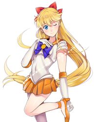  1girl aino_minako bishoujo_senshi_sailor_moon blonde_hair blue_eyes bow choker elbow_gloves gloves hair_bow half_updo hand_on_own_chest high_heels jewelry leg_up long_hair looking_at_viewer magical_girl nanaki_0524 one_eye_closed orange_skirt sailor_collar sailor_venus short_sleeves simple_background skirt smile solo standing_on_one_leg tiara white_background 