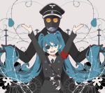  1boy 1girl :d absurdly_long_hair arms_up blue_eyes blue_hair collared_shirt compa_kuki eyepatch gas_mask hatsune_miku hellboy_(comic) highres holding_hair karl_ruprecht_kroenen long_hair military military_hat military_uniform nazi necktie open_mouth power_lines sheath sheathed smile solo_focus sword uniform very_long_hair vocaloid weapon 