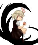  1girl apple blonde_hair darkness food fruit hair_ribbon holding holding_fruit puffy_short_sleeves puffy_sleeves qbthgry red_eyes ribbon rumia short_hair short_sleeves simple_background sitting skirt touhou vest white_background 