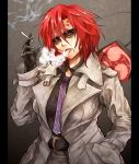  1girl belt black_gloves cigarette facial_mark gloves hand_in_pocket horikawa_raiko looking_at_viewer necktie red_eyes redhead ryuuichi_(f_dragon) shirt solo sunglasses touhou trench_coat 