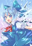  1girl blue_dress blue_eyes blue_hair bow cirno dress fang hair_bow highres ice ice_wings ksk_(semicha_keisuke) looking_at_viewer open_mouth puffy_short_sleeves puffy_sleeves shirt short_sleeves smile solo touhou wings 