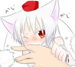  1boy 1girl animal_ears bare_shoulders biting blush detached_sleeves fang hands hat inubashiri_momiji looking_at_viewer one_eye_closed pom_pom_(clothes) red_eyes short_hair silver_hair simple_background tokin_hat tosura-ayato touhou white_background wolf_ears 