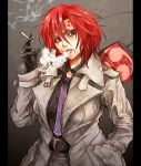  1girl belt black_gloves cigarette facial_mark gloves hand_in_pocket horikawa_raiko looking_at_viewer necktie red_eyes redhead ryuuichi_(f_dragon) shirt solo touhou trench_coat 