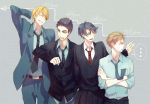  1girl 3boys blonde_hair blue_hair closed_eyes crossover gekkan_shoujo_nozaki-kun green_eyes height_difference hori_masayuki kasamatsu_yukio kashima_yuu kise_ryouta kuroko_no_basuke multiple_boys necktie school_uniform short_hair smile zuri 