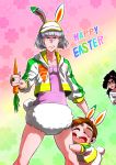  1girl 2boys animal_costume animal_ears bunny_costume bunny_tail carrot chibi child claude_frollo cropped_jacket disney easter esmeralda_(disney) leg_hug marimo_(yousei_ranbu) multiple_boys pinky_out quasimodo rabbit_ears tail the_hunchback_of_notre_dame visor_cap younger 