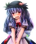  1girl alternate_hairstyle blue_hair blush bow curly_hair food fruit hat highres hinanawi_tenshi long_hair looking_at_viewer peach red_eyes simple_background solo t.m_(aqua6233) touhou white_background 