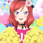  blush cheerleader choker flower hairband happy love_live!_school_idol_project nishikino_maki pompoms purple_eyes redhead sakura short_hair 