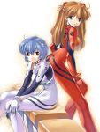  ass ayanami_rei blue_eyes highres long_hair looking_at_viewer neon_genesis_evangelion orange_hair plugsuit red_eyes shikinami_asuka_langley short_hair souryuu_asuka_langley uchiu_kazuma 