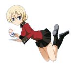  1girl blonde_hair blue_eyes blush braid cup darjeeling girls_und_panzer holding jacket long_sleeves looking_at_viewer military military_uniform miniskirt ouhashi pleated_skirt saucer short_hair side skirt smile solo spilling tea teacup uniform white_background 