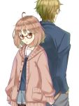  1boy 1girl back-to-back blonde_hair brown_eyes cardigan glasses kanbara_akihito kuriyama_mirai kyoukai_no_kanata needlebomb pantyhose pink_hair red-framed_glasses school_uniform short_hair 