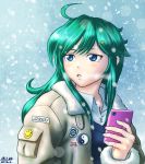 1girl ahoge blue_eyes bomber_jacket borrowed_character character_request green_hair hair_ornament hairclip original smiley_face snowing solo taikyokuturugi 