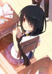  1girl black_hair book chair date_a_live desk earphones highres long_hair looking_at_viewer pantyhose red_eyes school_uniform serafuku sitting skirt smile solo_focus tokisaki_kurumi uiu 