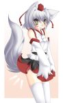 1girl animal_ears bare_shoulders blush breasts detached_sleeves fang grey_eyes hat inubashiri_momiji looking_at_viewer open_mouth pom_pom_(clothes) short_hair silver_hair solo tail tokin_hat touhou white_legwear wolf_ears wolf_tail 