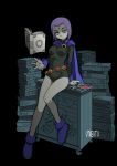  1girl book boots breasts cape dc_comics forehead_jewel grey_skin leotard purple_hair raven_(dc) shaded_face short_hair solo teen_titans 