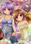  2girls :3 ahoge babydoll bow breasts chain chemise cleavage collarbone covered_navel dress flower frilled_dress frills hair_flower hair_ornament harmonica highres holding_hands instrument kakiikada large_breasts long_hair lute_(instrument) lying multiple_girls music_box musical_note on_floor panties pillow see-through see-through_silhouette short_hair side-tie_panties small_breasts staff_(music) touhou tsukumo_benben tsukumo_yatsuhashi underwear very_long_hair violet_eyes yellow_eyes 