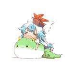  1girl :3 blue_hair blush closed_eyes ex-keine hat horns hug kamishirasawa_keine long_hair lowres open_mouth rebecca_(keinelove) ribbon riding saliva sleeping solid_circle_eyes sukusuku_hakutaku tail touhou zzz 