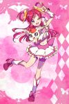  1girl coco_(precure_5) cure_dream earrings elbow_gloves frilled_skirt frills full_body gloves hair_rings jewelry long_hair magical_girl miniskirt one_eye_closed open_mouth penki pink_hair precure skirt smile standing_on_one_leg violet_eyes yes!_precure_5 yumehara_nozomi 