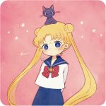  1girl animal_on_head arms_behind_back ayu_(mog) bishoujo_senshi_sailor_moon blonde_hair blue_eyes blush cat cat_on_head long_hair luna_(sailor_moon) magical_girl sailor_moon skirt solo star tsukino_usagi twintails very_long_hair 