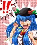  !! 1girl blue_hair bow chopsticks food food_on_face fruit hat hinanawi_tenshi long_hair one_eye_closed open_mouth peach rice rice_on_face screaming solo star star-shaped_pupils symbol-shaped_pupils t.m_(aqua6233) tears touhou 