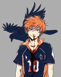  1boy bird blood blood_on_face bloody_clothes crow grey_background haikyuu!! hinata_shouyou looking_at_viewer nosebleed orange_hair short_hair simple_background sportswear volleyball_uniform zkakq 