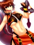  1girl animal_ears antenna_hair bare_shoulders black_legwear blazblue blush_stickers breasts brown_eyes brown_hair fingerless_gloves gloves highres makoto_nanaya navel short_hair smile solo squirrel_ears squirrel_tail tail tonfa underboob weapon yuriko1985 