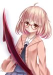  1girl ahoge brown_hair esureki glasses holding kuriyama_mirai kyoukai_no_kanata looking_at_viewer pink_hair school_uniform short_hair solo sword tagme weapon 