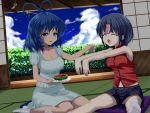  2girls alternate_costume blue_eyes blue_hair clouds commentary_request dress drill_hair fang feeding food fruit hair_ornament hair_rings hair_stick kaku_seiga miyako_yoshika multiple_girls no_hat ofuda open_mouth outstretched_arms panties pantyshot pantyshot_(sitting) short_hair shorts sitting sleeveless smile touhou u2_(5798239) underwear wariza watermelon wind_chime 