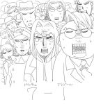  6+boys character_request commentary_request confused glasses hat hellsing hirano_kouta long_hair major_(hellsing) monochrome multiple_boys nazi open_mouth shaded_face short_hair sketch sweatdrop tears teeth 