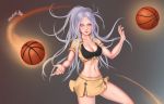  1girl basketball breasts cleavage eliskalti highres league_of_legends long_hair messy_hair midriff signature silver_hair skirt solo syndra tied_shirt violet_eyes 
