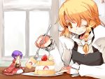  2girls blonde_hair braid cake dress eating food fruit grin japanese_clothes juliet_sleeves kanoe_soushi kimono kirisame_marisa long_hair long_sleeves minigirl multiple_girls no_hat one_eye_closed puffy_sleeves purple_hair short_hair single_braid sitting smile strawberry strawberry_shortcake sukuna_shinmyoumaru touhou turtleneck violet_eyes wariza yellow_eyes 