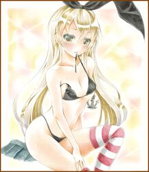  1girl anchor bikini black_bikini black_panties blonde_hair blush colored_pencil_(medium) green_eyes hair_ornament hairband highleg highleg_bikini highleg_swimsuit hoppesatou kantai_collection long_hair looking_at_viewer marker_(medium) mouth_hold panties shikishi shimakaze_(kantai_collection) solo striped striped_legwear swimsuit thigh-highs traditional_media underwear watercolor_(medium) 