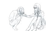  2girls akemi_homura covering_face crying greyscale hairband hand_on_another&#039;s_cheek hand_on_another&#039;s_face kaname_madoka long_hair looking_at_another magical_girl mahou_shoujo_madoka_magica monochrome multiple_girls pantyhose papeapoo poultice school_uniform short_hair short_twintails simple_background sitting skirt squatting thigh-highs twintails white_background yuri zettai_ryouiki 