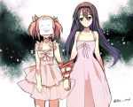  2girls akemi_homura black_hair choker crying dress hair_ribbon hairband holding_hands interlocked_fingers jewelry kaname_madoka long_hair looking_at_another mahou_shoujo_madoka_magica mahou_shoujo_madoka_magica_movie multiple_girls pc_(z_yu) pink_hair red_ribbon ribbon short_hair short_twintails signature single_earring smile smiley_face spoilers twintails violet_eyes what_if white_background white_dress yellow_ribbon 