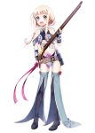  1girl blonde_hair blue_eyes boots bow braid gun kusazuri musket official_art open_mouth personification shirohime_quest short_hair smile solo tagme thigh-highs thigh_boots transparent_background twin_braids uchi_(shirohime_quest) weapon 